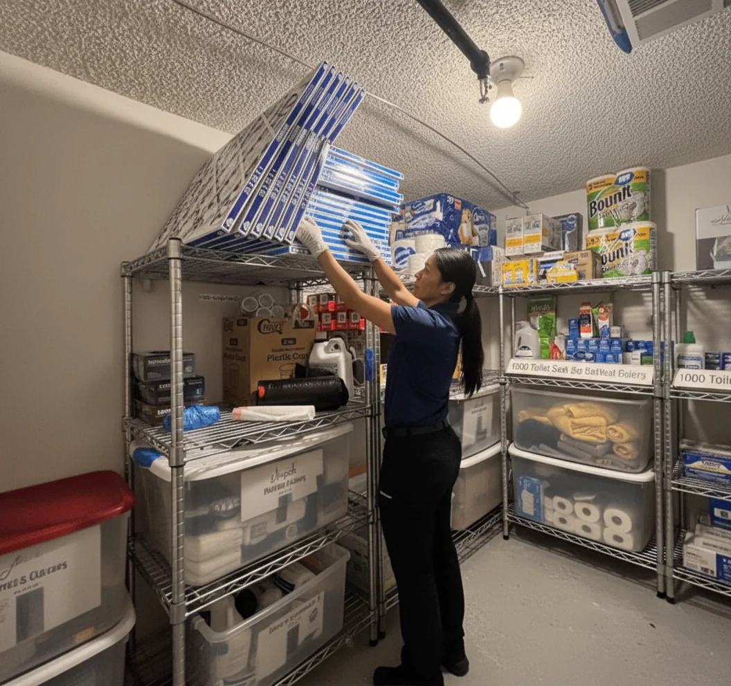 Deep Care professional cleaner organizing supplies and inventory in the Fargo, ND headquarters stockroom
