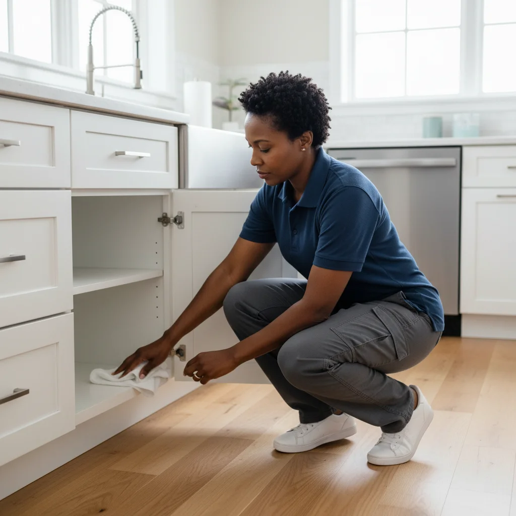 Professional Deep Care cleaner wiping inside kitchen cabinets during a detailed home cleaning service in Fargo, ND