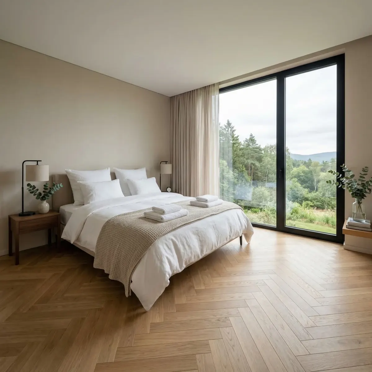 Pristine guest bedroom in a Fargo Airbnb vacation rental professionally turned over by Deep Care Residential Cleaning, featuring a freshly made king bed with crisp white linens, neatly folded plush white towels, a soft beige waffle throw, herringbone hardwood floors, eucalyptus accents, and floor-to-ceiling windows opening onto a tranquil forested view, ready to welcome the next guest with hospitality-grade five-star presentation