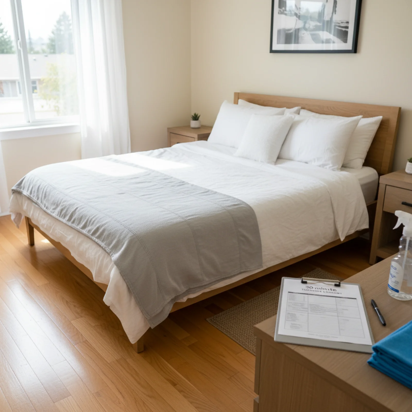 Bright Airbnb bedroom freshly turned over — hotel-style made bed with crisp white linens, hardwood floor, and a 30-minute turnover checklist clipboard with spray bottle on the nightstand