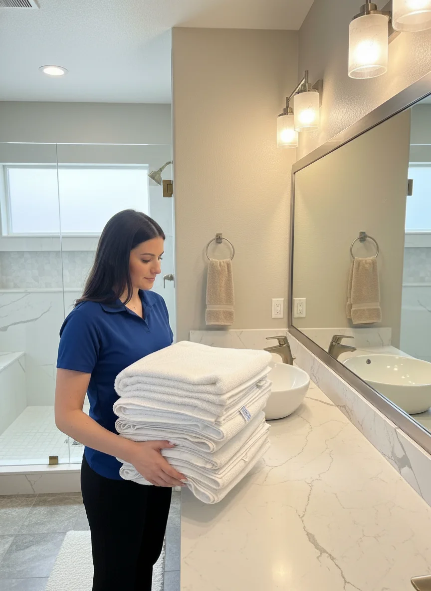 Deep Care professional Airbnb cleaner in a navy blue polo holding a fresh stack of folded white towels in a bright modern Fargo vacation rental bathroom with a marble vessel-sink vanity, large mirror, and glass walk-in shower during a short-term rental turnover cleaning service