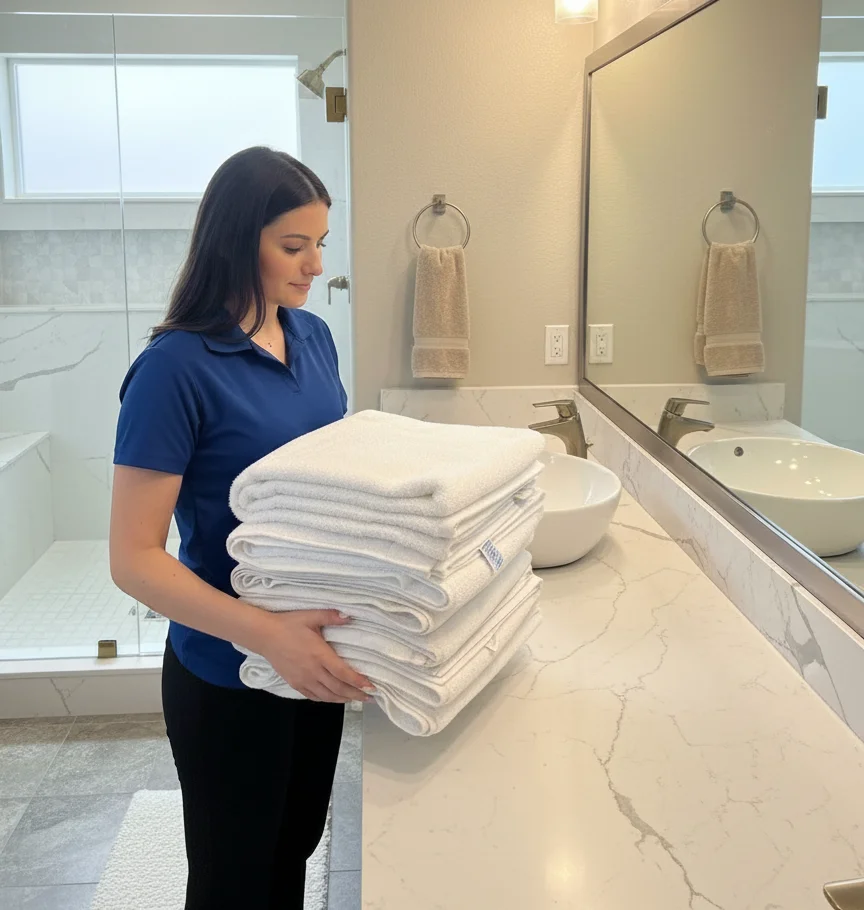 Deep Care Residential Cleaning team member in a navy blue polo holding a tall, neatly folded stack of plush white guest towels in a luxurious marble bathroom of a Fargo Airbnb vacation rental, restocking hospitality-grade linens beside a vessel sink, large vanity mirror, and walk-in glass shower as part of a professional between-guest upkeep and turnover service
