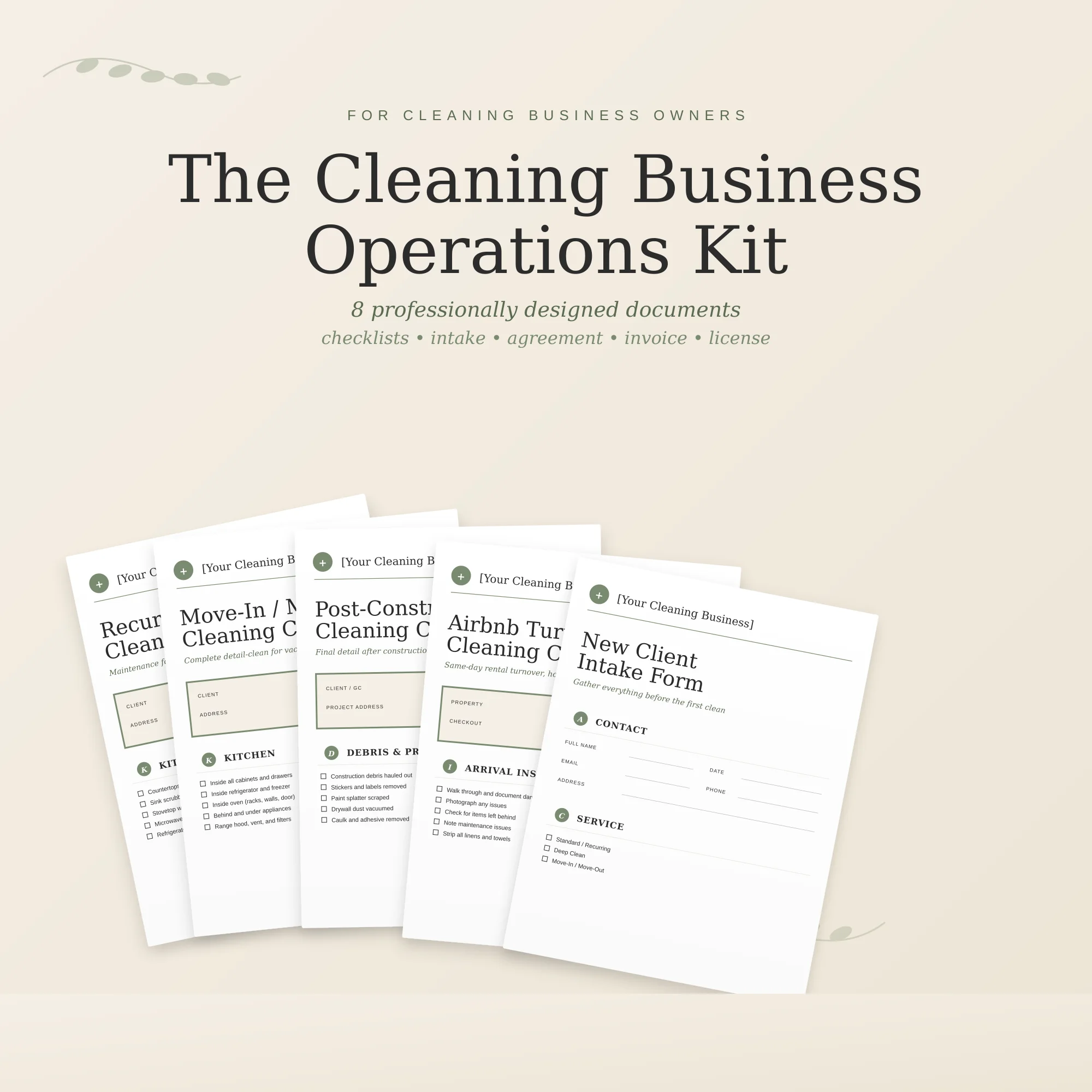 The Cleaning Business Operations Kit cover — 8 professionally designed cleaning business templates including recurring, move-in/out, post-construction, and Airbnb turnover checklists plus a new client intake form