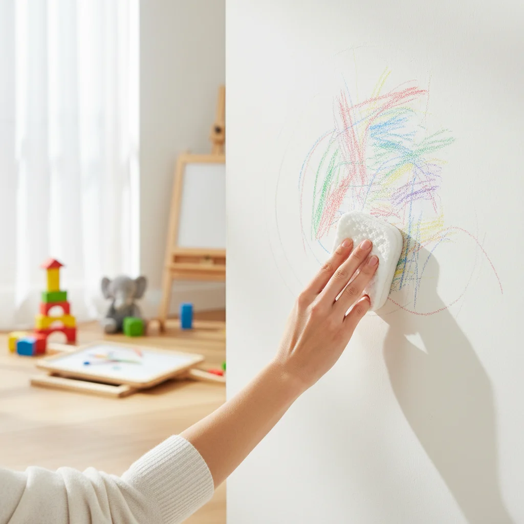Hand using a melamine eraser sponge to remove colorful crayon scribbles from a white wall in a Fargo, ND family playroom
