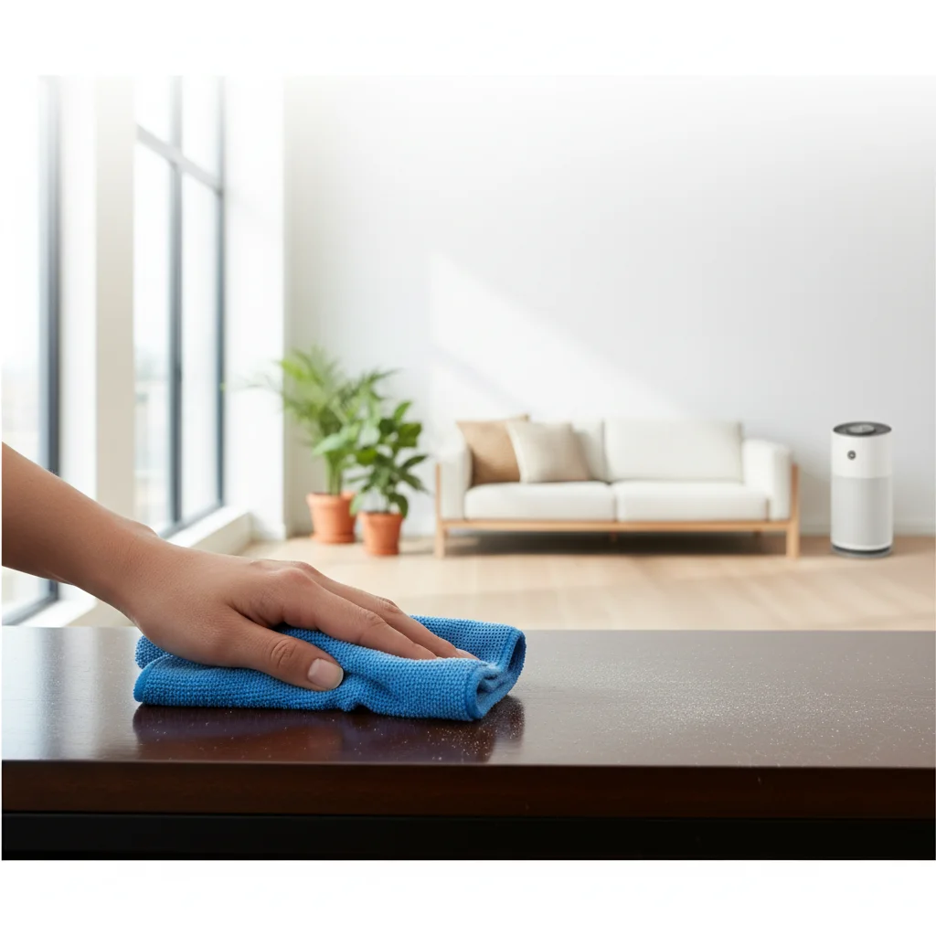 Hand wiping dust off a dark wood table with a blue microfiber cloth in a bright modern Fargo, ND living room with air purifier