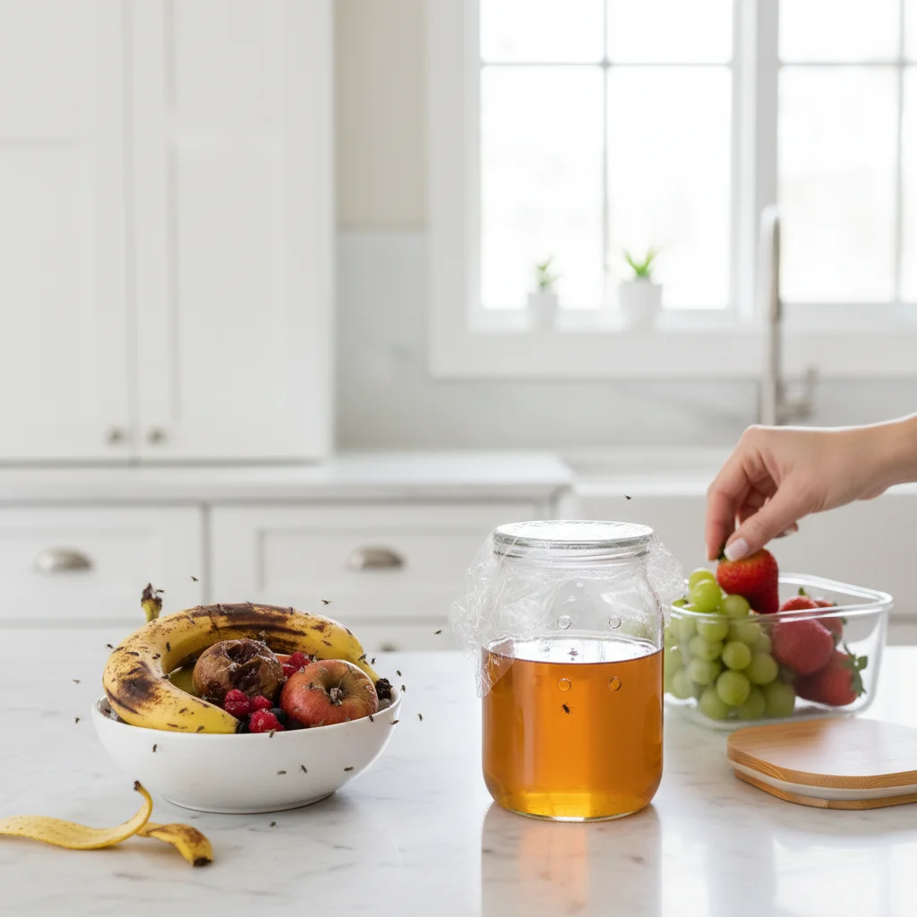 Homemade apple cider vinegar fruit fly trap on a marble kitchen counter next to overripe bananas and fresh fruit in a Fargo, ND home