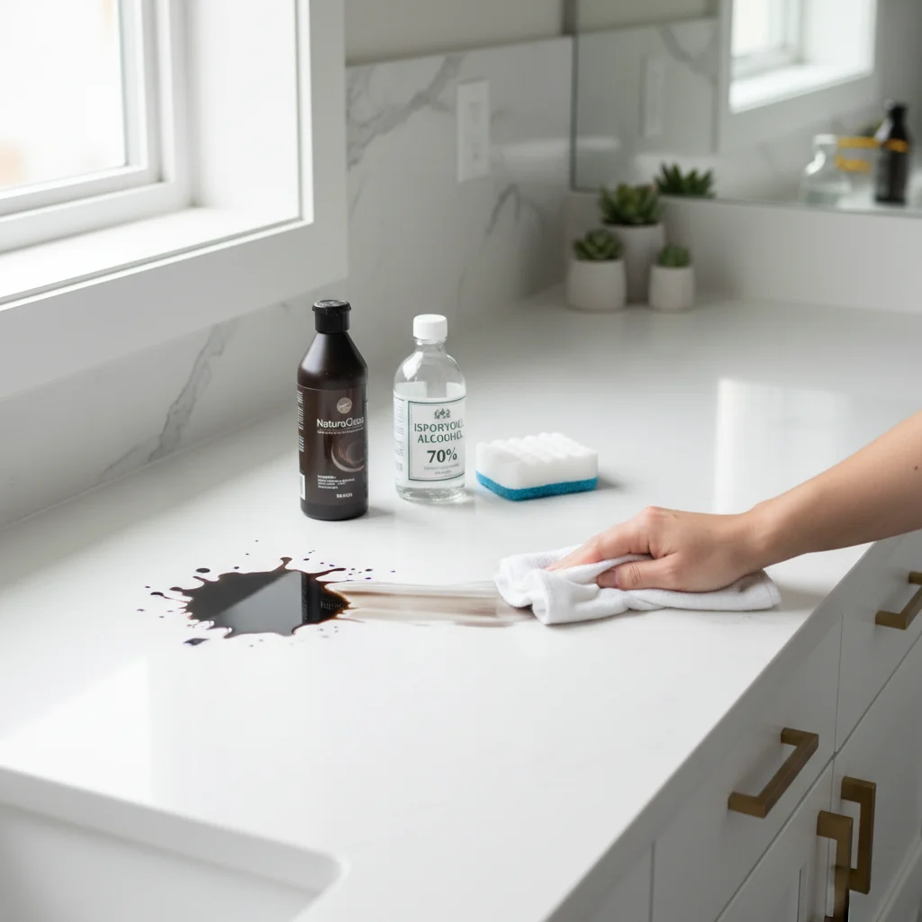 Hand wiping a dark hair dye stain off a white marble bathroom counter with a cloth, isopropyl alcohol, and melamine sponge in a Fargo, ND home