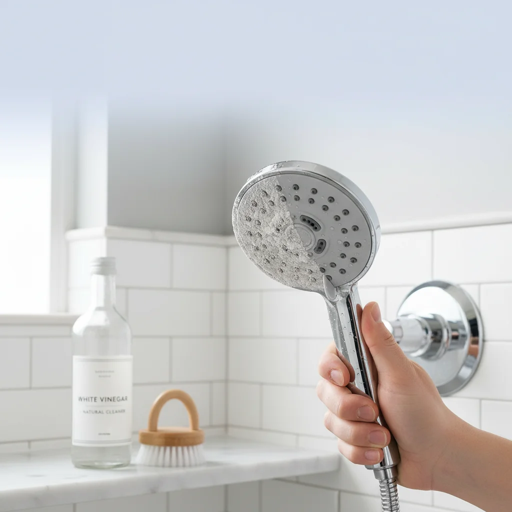 Hand holding a chrome shower head with mineral buildup next to a bottle of white vinegar natural cleaner in a Fargo, ND bathroom