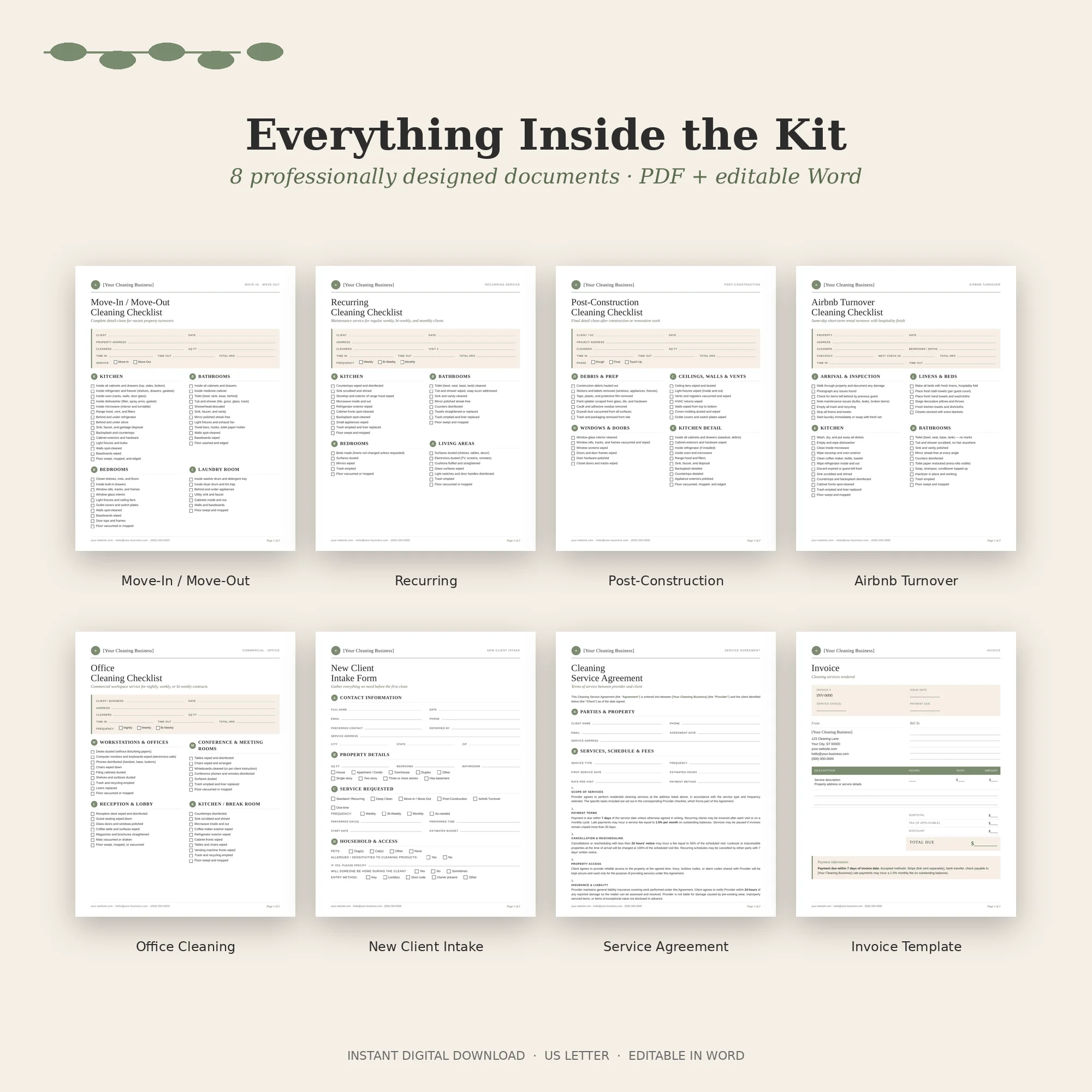 Everything Inside the Kit — 8 professionally designed documents shown as a flat-lay grid.