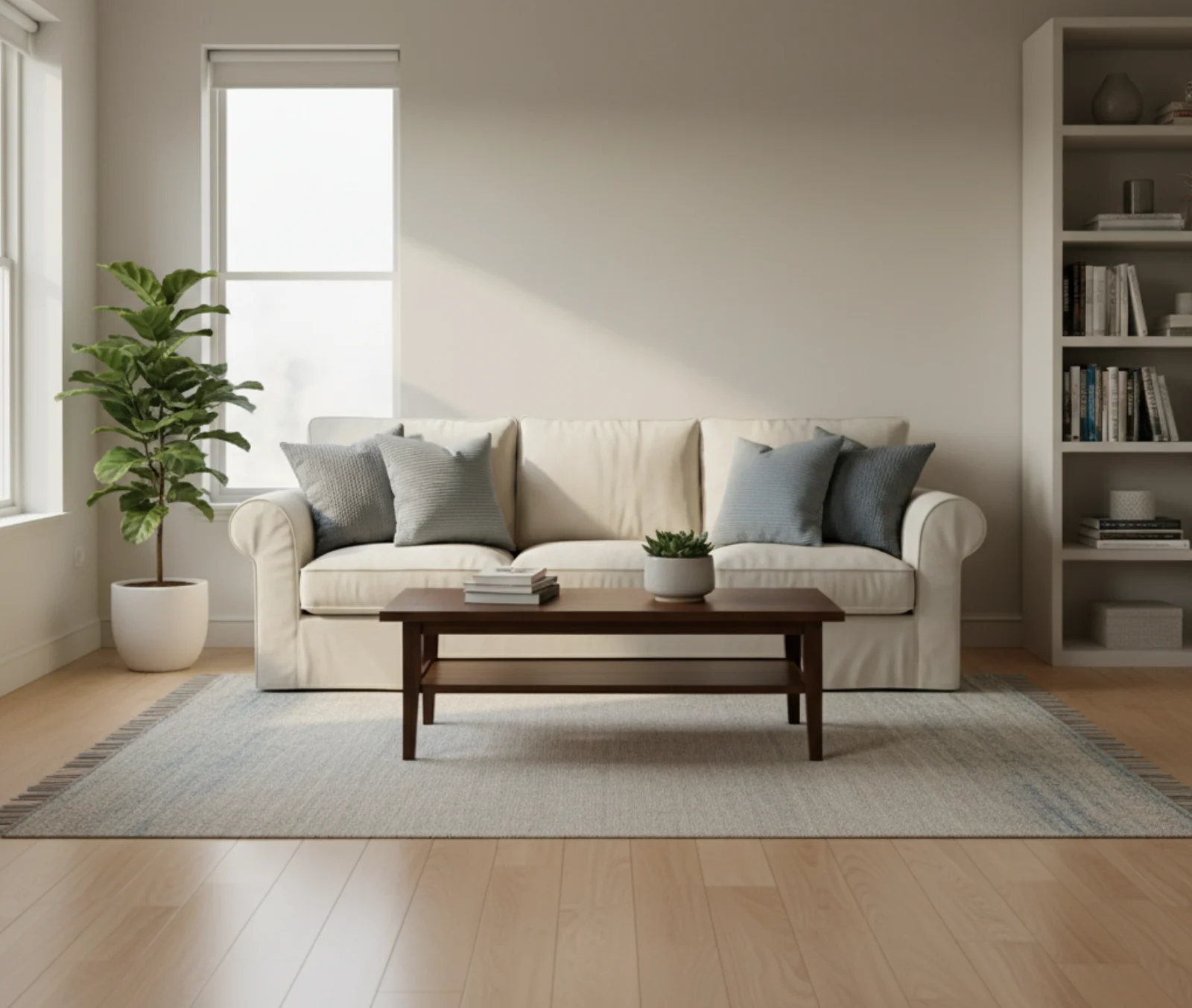 Bright, freshly cleaned Fargo-Moorhead living room with a cream sofa, dark wood coffee table, area rug, fiddle-leaf fig, and clean hardwood floors