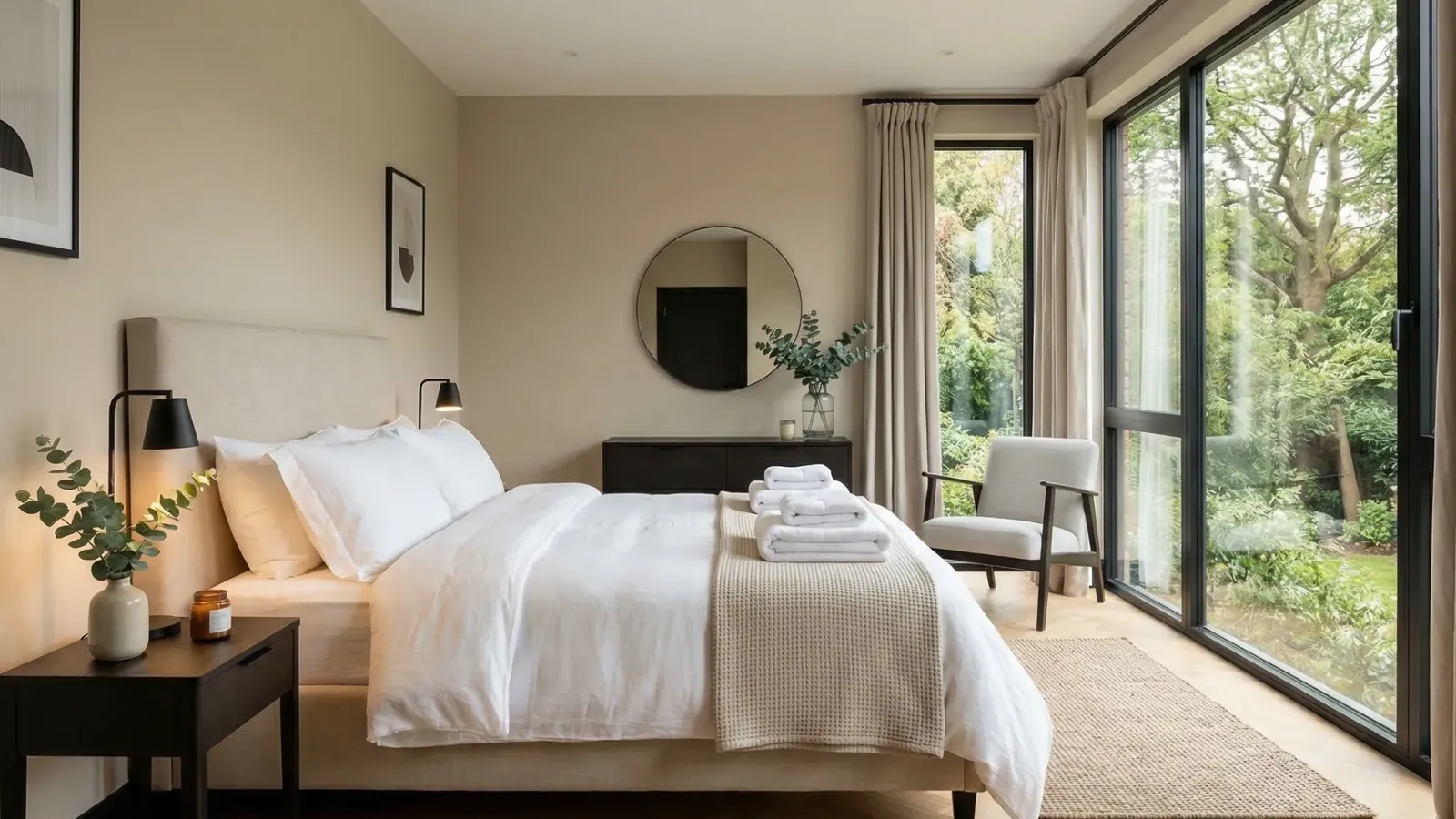 Bright airy bedroom with white linens, large window, parquet wood floors after a Deep Care cleaning transformation