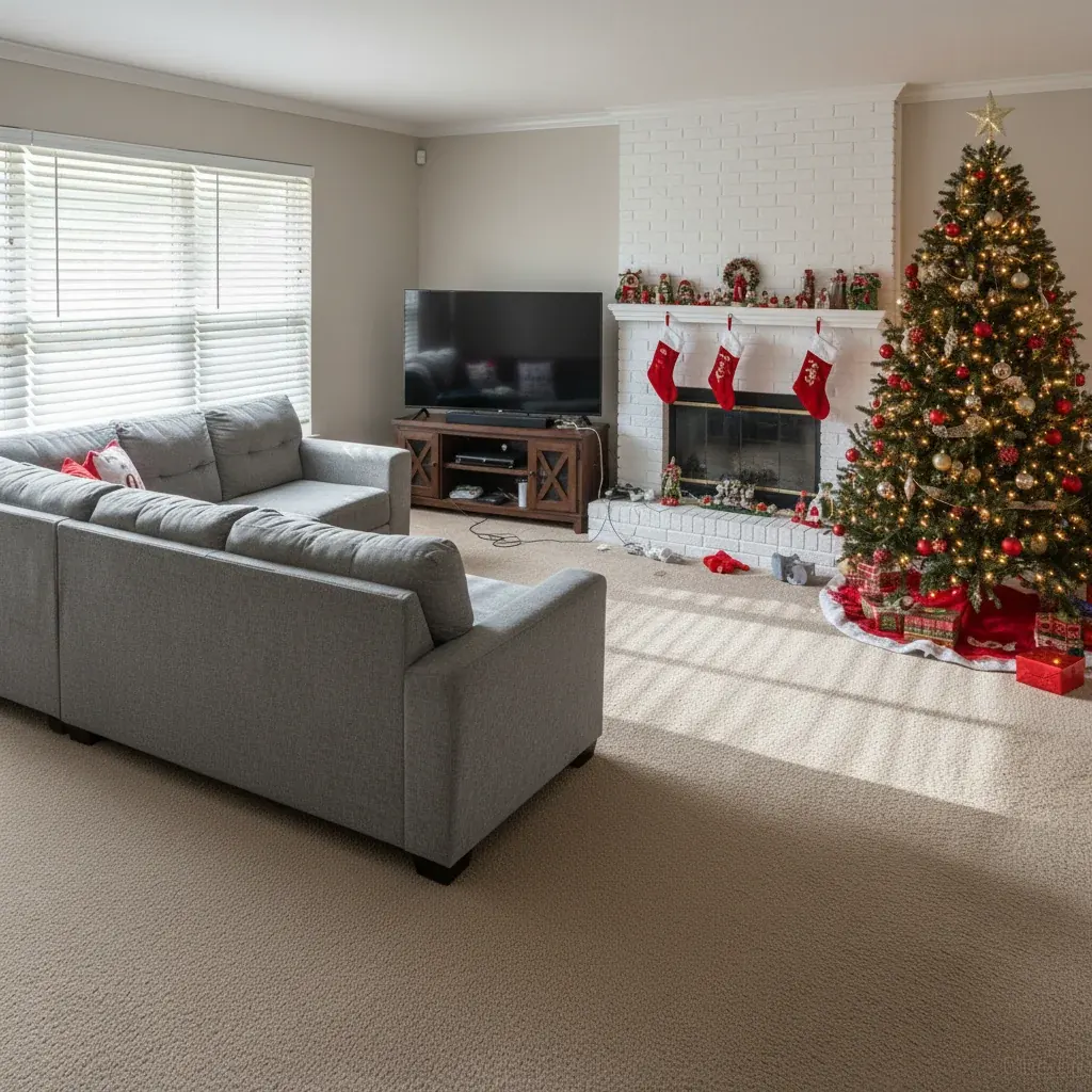 After: tidy living room with fresh vacuum lines on the carpet, fully restored by Deep Care