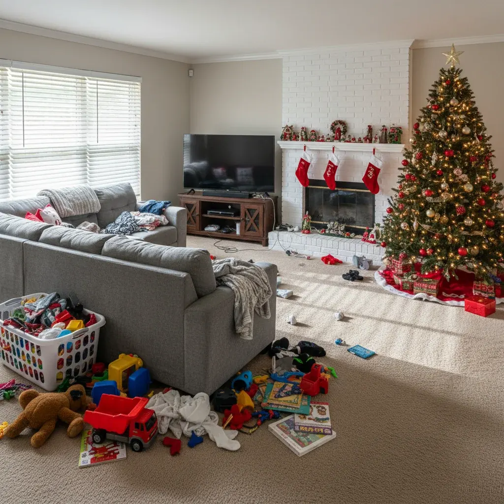 Before: cluttered living room with scattered toys, laundry, and debris, awaiting Deep Care restoration