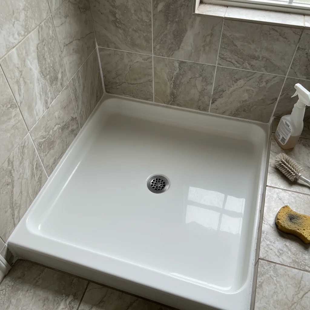 After: spotless white shower pan fully restored by Deep Care