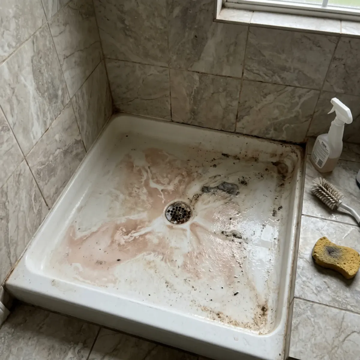 Before: shower pan stained with soap scum and mineral residue, awaiting Deep Care restoration