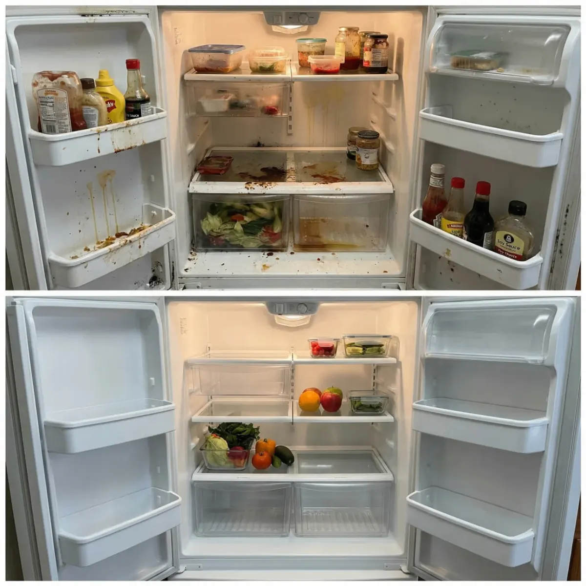 Before and after: refrigerator interior soiled with spills and stuck-on residue on top, restored to a spotless organized fridge on the bottom by Deep Care