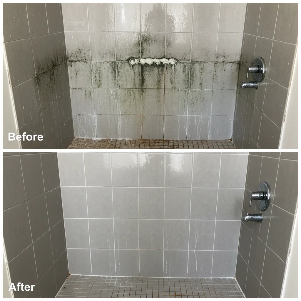 Before and after: moldy black-stained shower tile wall on top, restored to spotless white tile on the bottom by Deep Care