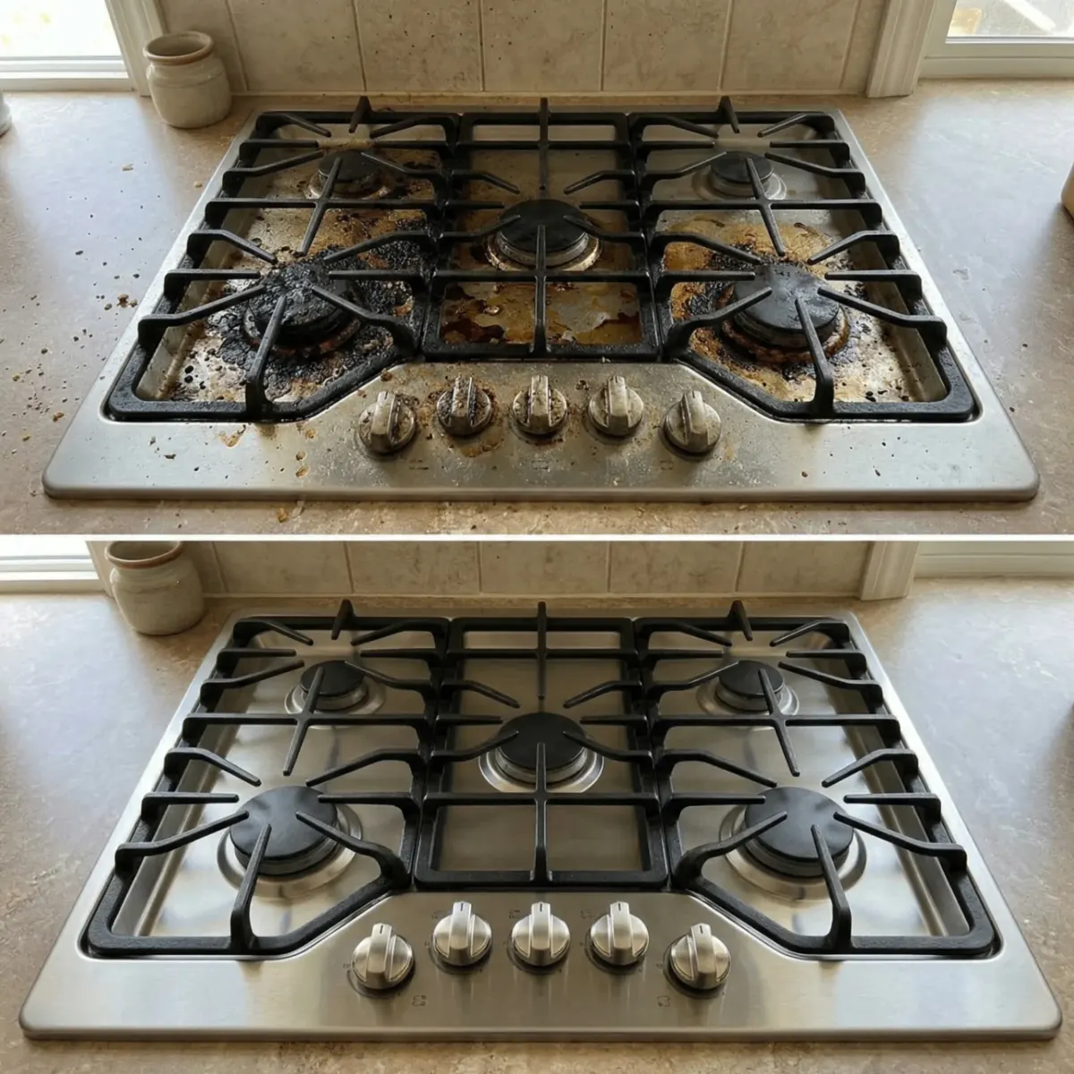 Before and after: gas stovetop encrusted with burnt grease and food residue on top, restored to a polished spotless stainless stovetop on the bottom by Deep Care