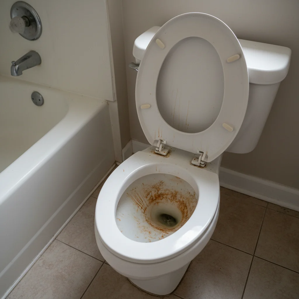 Before: toilet bowl marked with rust and mineral staining, awaiting Deep Care restoration