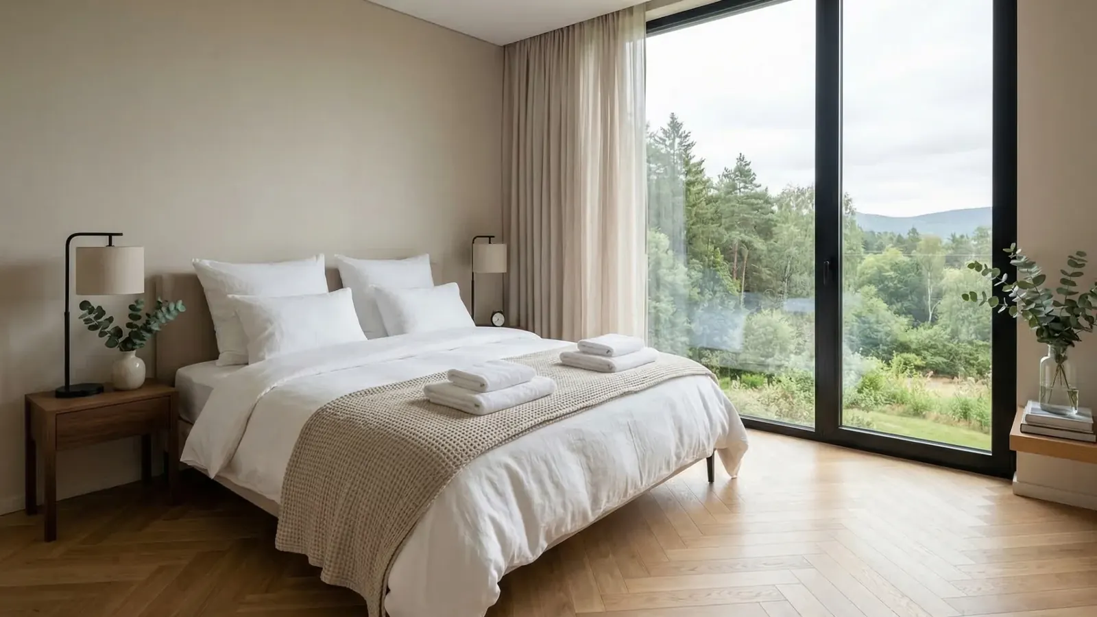 Bright minimalist Fargo, ND short-term rental bedroom with crisp white linens, neatly folded guest towels, herringbone hardwood floors, eucalyptus accents, and floor-to-ceiling windows after a Deep Care Airbnb turnover cleaning