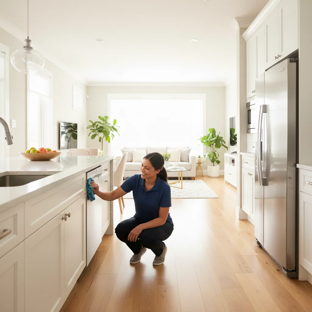 Deep Care Residential Cleaning team member in royal blue polo performing a professional deep cleaning service inside a bright Horace, ND open-concept kitchen with white cabinetry, quartz countertops, stainless steel refrigerator, hardwood floors, and adjacent living room with sectional sofa and indoor plants