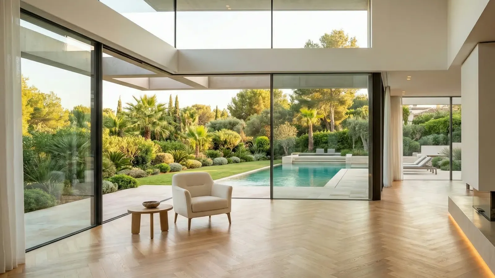Bright open-concept Fargo, ND living room with herringbone hardwood floors, floor-to-ceiling glass walls, lounge chair, and pool views after a Deep Care move-out cleaning