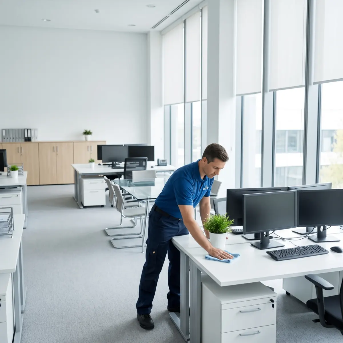 Deep Care Residential Cleaning team member in royal blue polo performing professional office cleaning service inside a bright modern Fargo, ND open-plan corporate workspace with white desks, dual monitors, ergonomic chairs, glass conference table, light wood storage cabinets, indoor plants, and floor-to-ceiling windows
