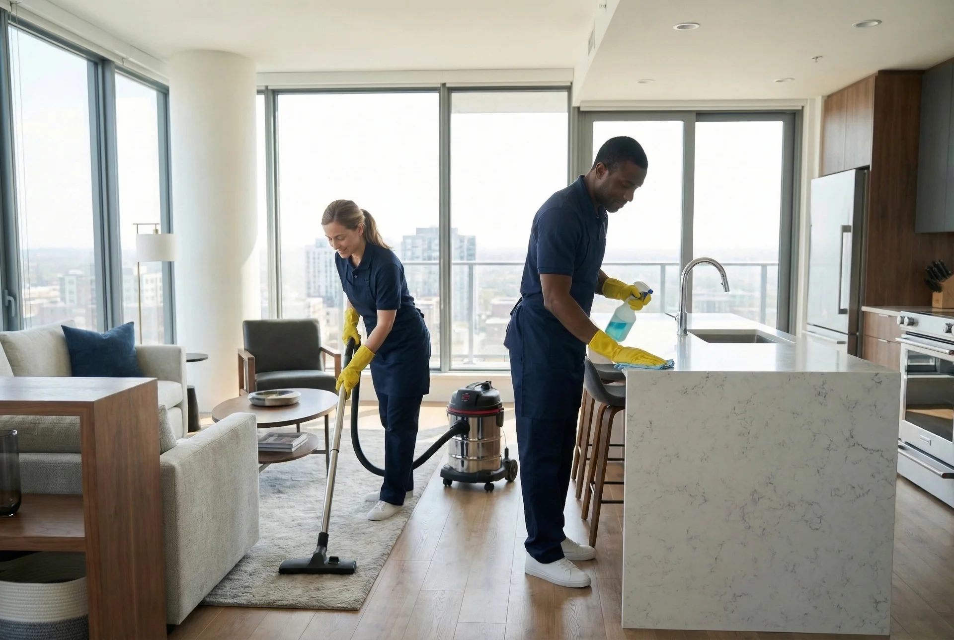 Deep Care Residential Cleaning team in navy polo uniforms inside a bright modern Fargo home with floor-to-ceiling windows and downtown views