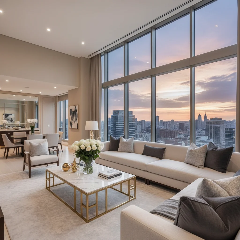 Bright modern Fargo, ND high-rise living room with cream sectional sofa, marble coffee table, fresh white roses, floor-to-ceiling windows, and downtown skyline views after a Deep Care standard maintenance cleaning
