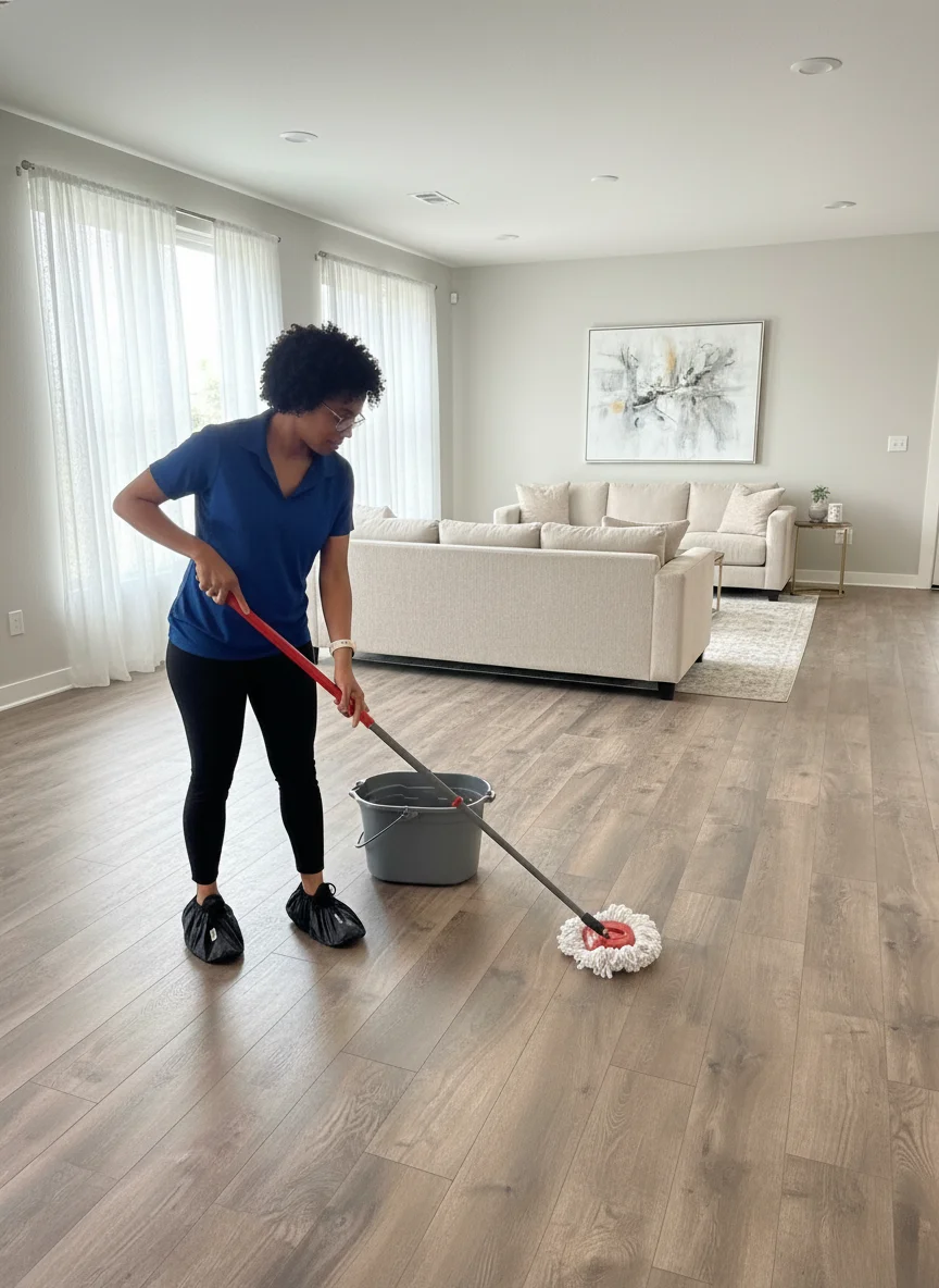 Deep Care professional house cleaner in a blue polo, black leggings, and shoe covers mopping a wide-plank hardwood floor with a red spin mop and gray bucket in a bright open-concept West Fargo living room with a cream sectional sofa and large sheer-curtained windows during a thorough move-in cleaning service