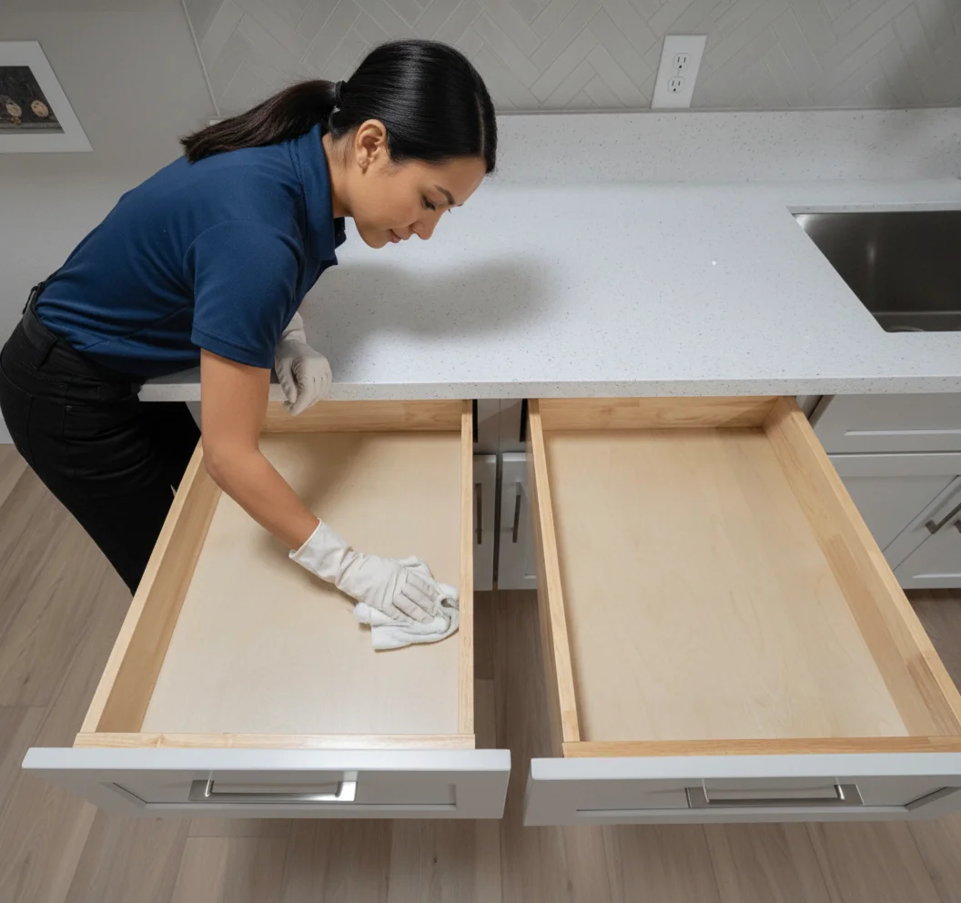 Deep Care Residential Cleaning team member in a navy blue polo and white sanitary gloves performing a professional move-in deep clean inside a Moorhead home, hand-wiping the interior of an empty wood kitchen drawer beside polished white quartz countertops and a stainless steel sink to remove dust and residue before new homeowners unpack