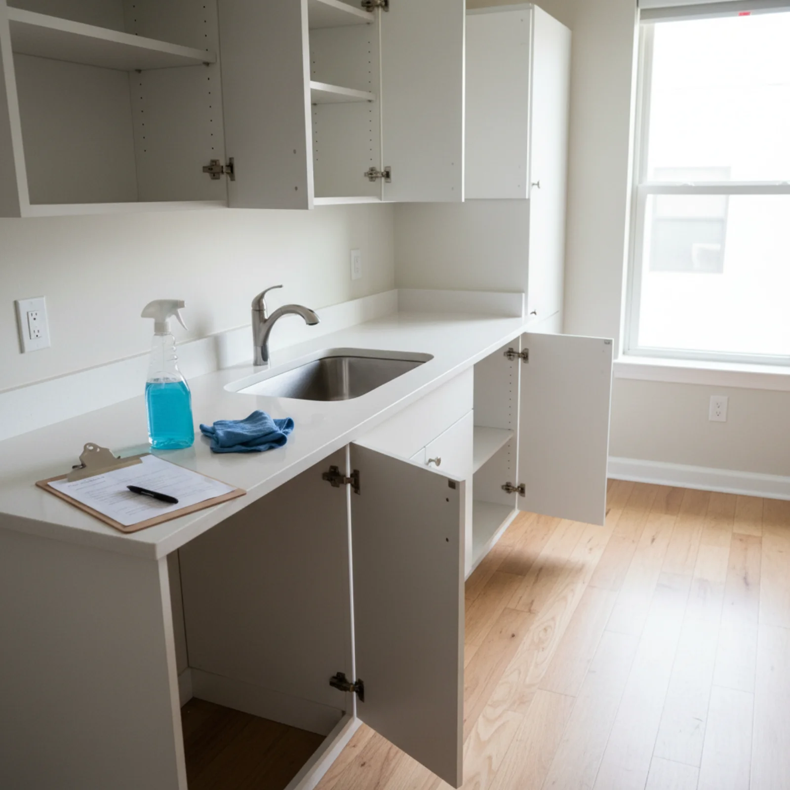 Spotless empty Fargo, ND apartment kitchen after a Deep Care move-out cleaning, with cleared white cabinets, polished countertops, a wiped-down stainless steel range and refrigerator, and freshly mopped floors ready for a landlord walkthrough or the next tenant