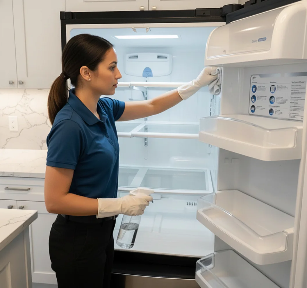Deep Care Residential Cleaning team member in a royal blue polo and white protective gloves performing a professional deep cleaning service inside a Horace kitchen, standing in front of a wide-open stainless-steel French-door refrigerator and carefully hand-wiping the interior shelves and door panel with a clean microfiber cloth while holding a spray bottle of eco-conscious cleaner to remove food residue, spills, and bacteria from a frequently overlooked appliance interior, with a bright white Carrara marble backsplash, crisp white cabinetry, and natural daylight in the background, going far beyond a standard maintenance clean to deliver the meticulous top-to-bottom detail that defines a true Deep Care deep clean