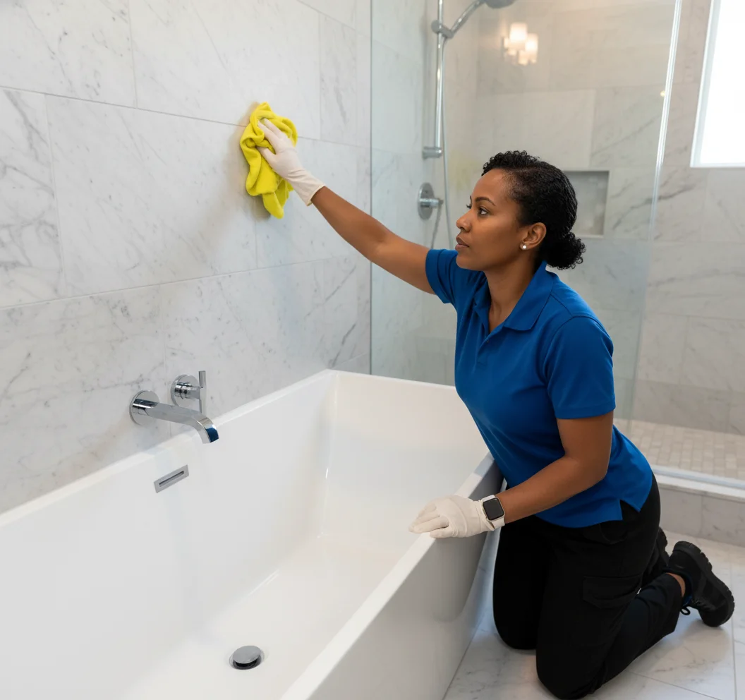 Deep Care Residential Cleaning team member in a royal blue polo and white protective gloves performing a professional deep cleaning service inside a West Fargo bathroom, kneeling beside a sleek freestanding white soaking tub with a polished chrome wall-mounted faucet and carefully hand-wiping the floor-to-ceiling Carrara marble wall tile with a bright yellow microfiber cloth to remove soap scum, hard-water buildup, and fingerprints, with a glass-enclosed walk-in shower, modern sconce lighting, and natural daylight in the background, showcasing the meticulous detail and eco-conscious care that sets Deep Care apart from a standard maintenance clean