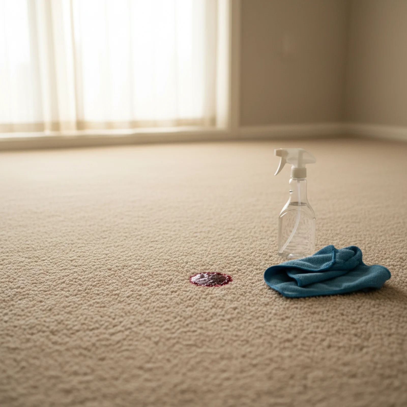 Sunlit beige carpet in a Fargo-Moorhead room with a small dark red nail polish spill, a clear spray bottle, and a blue microfiber cloth ready for stain treatment