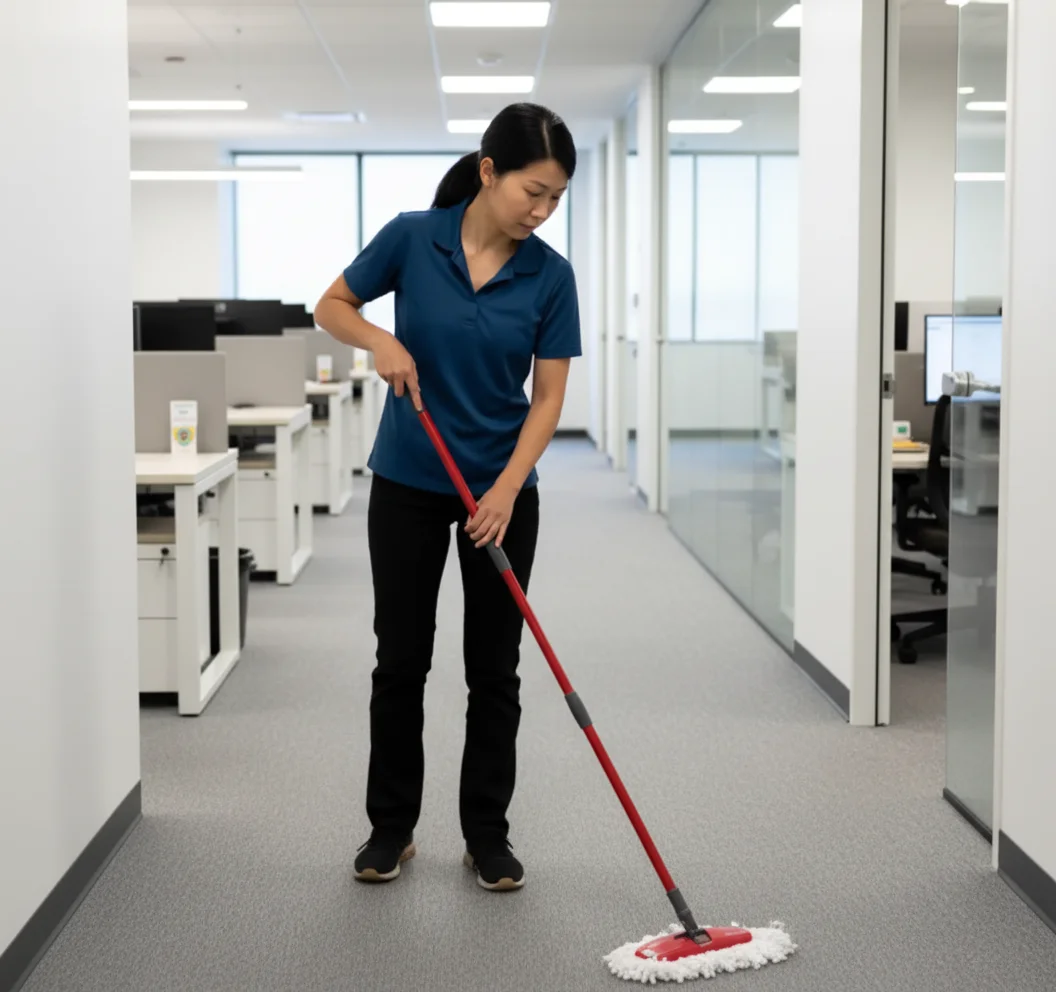 Deep Care Residential Cleaning team member in a royal blue polo and black work pants performing a professional commercial office cleaning service inside a bright modern Horace corporate office hallway, carefully mopping the soft gray commercial carpet and tile transition with a red long-handled flat microfiber mop and an eco-conscious low-residue floor solution that lifts dust, salt, and tracked-in soil without harsh chemical fumes, with rows of white workstation cubicles, glass-walled private offices, recessed LED ceiling lighting, and natural daylight from oversized windows in the background, illustrating the green-certified products and meticulous high-traffic detail that keep Fargo–Moorhead workplaces healthy, safe, and presentation-ready