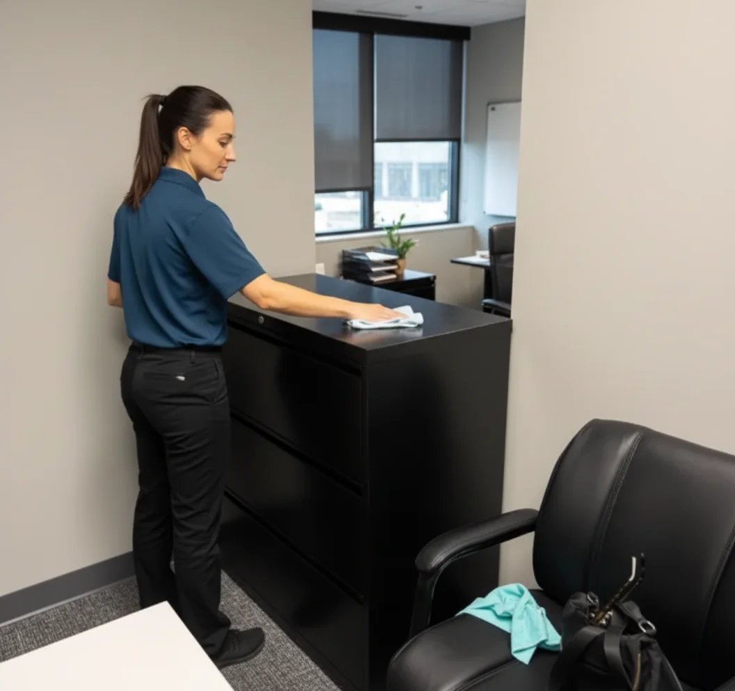 Deep Care Residential Cleaning team member in a royal blue polo and black work pants performing a professional commercial office cleaning service inside a Moorhead corporate office, standing beside a tall black metal lateral filing cabinet and carefully hand-wiping the dust-prone top surface with a folded microfiber cloth, with a black executive guest chair, a teal microfiber towel, an open laptop bag, neutral painted walls, soft gray commercial carpet, a sunlit window with a roller shade, a small green potted plant, and a glimpse of an adjacent workstation in the background, illustrating the flexible after-hours scheduling and meticulous detail that keeps Fargo–Moorhead workplaces consistently presentation-ready