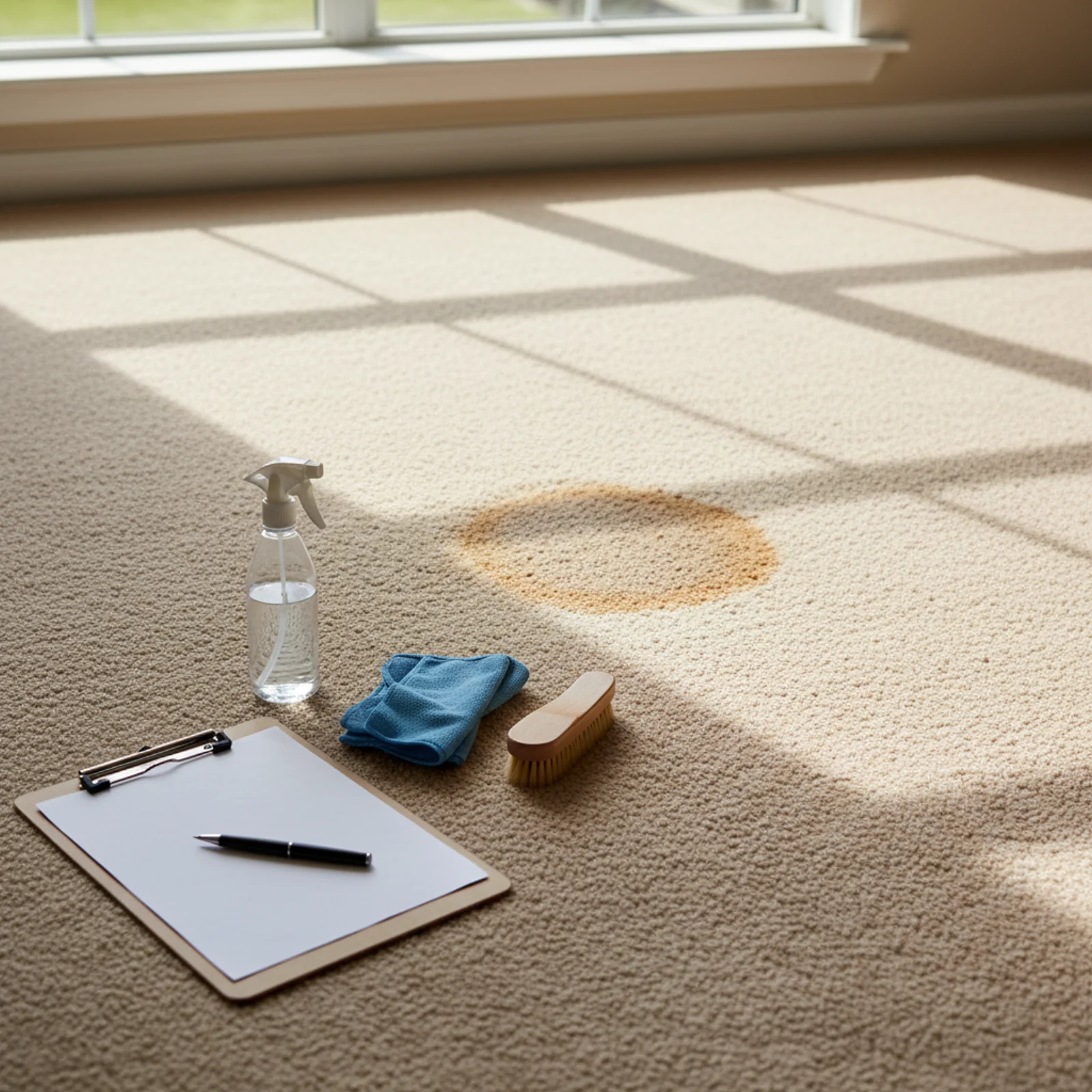Sunlit beige carpet with a faint ring-shaped old stain near a window, spray bottle, blue microfiber cloth, scrub brush, and clipboard with pen — Fargo-Moorhead old carpet stain removal