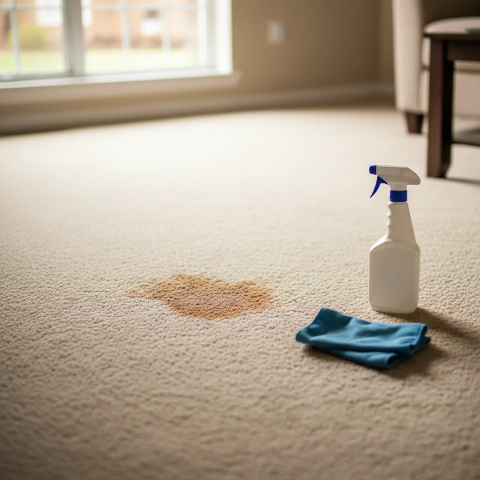 Sunlit beige carpet in a Fargo-Moorhead room with a faint brown set-in stain, a white spray bottle, and a folded blue microfiber cloth ready for stain treatment