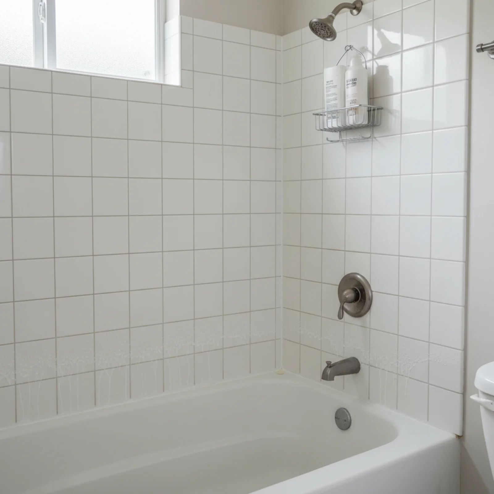 Bright white-tile bathtub and shower surround with faint soap scum drip lines along the lower tile rows, chrome shower head and fixtures, and a wire shower caddy in a Fargo-Moorhead bathroom