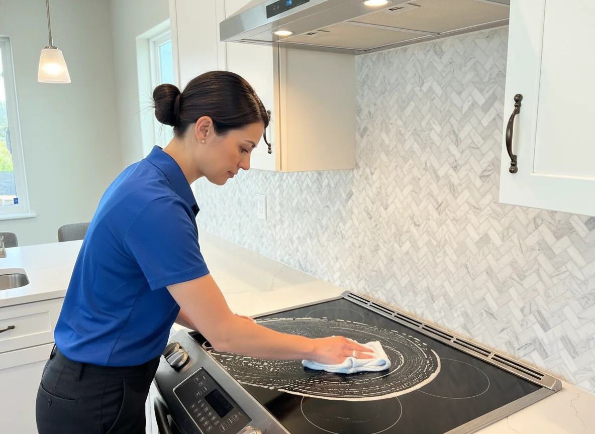 Deep Care professional house cleaner in a blue polo and black pants wiping a black glass cooktop with a light blue microfiber cloth in a bright modern Moorhead kitchen with white cabinets, a marble herringbone backsplash, and a stainless range hood during a recurring standard house cleaning service
