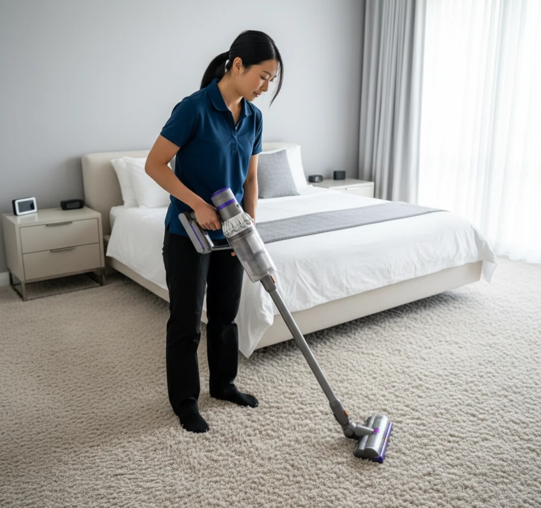 Deep Care Residential Cleaning team member in a royal blue polo performing a professional standard maintenance cleaning inside a Kindred home, carefully vacuuming the plush beige bedroom carpet with a cordless stick vacuum beside a neatly made queen bed with crisp white linens, light gray runner, modern nightstands with a digital alarm clock, and bright sheer-curtained windows to keep the bedroom dust-free, allergen-reduced, and consistently fresh between recurring visits