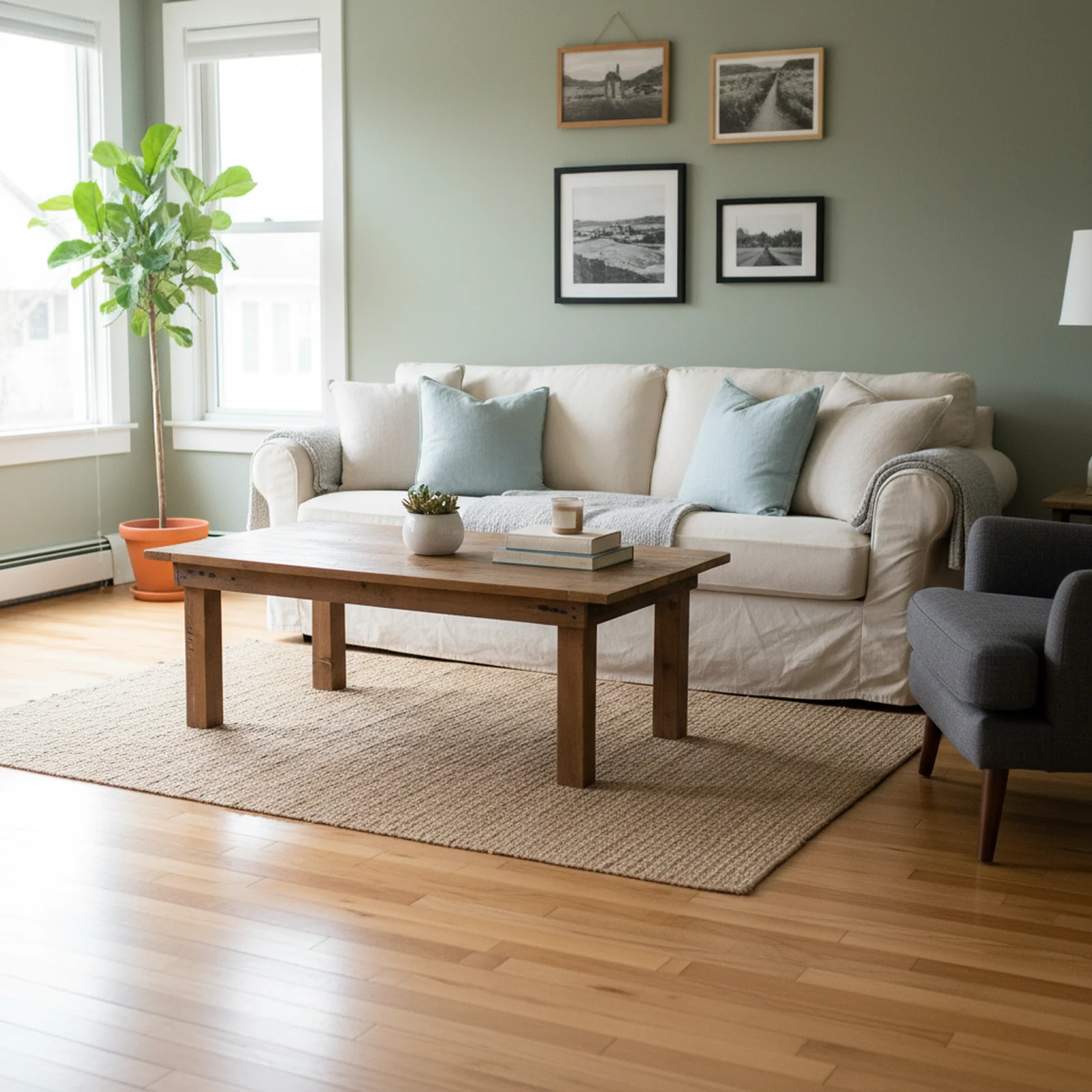 Bright, freshly cleaned Fargo-Moorhead living room with sage-green walls, cream sofa, light blue pillows, reclaimed-wood coffee table, jute rug, fiddle-leaf fig, and warm hardwood floors — veteran-friendly home cleaning