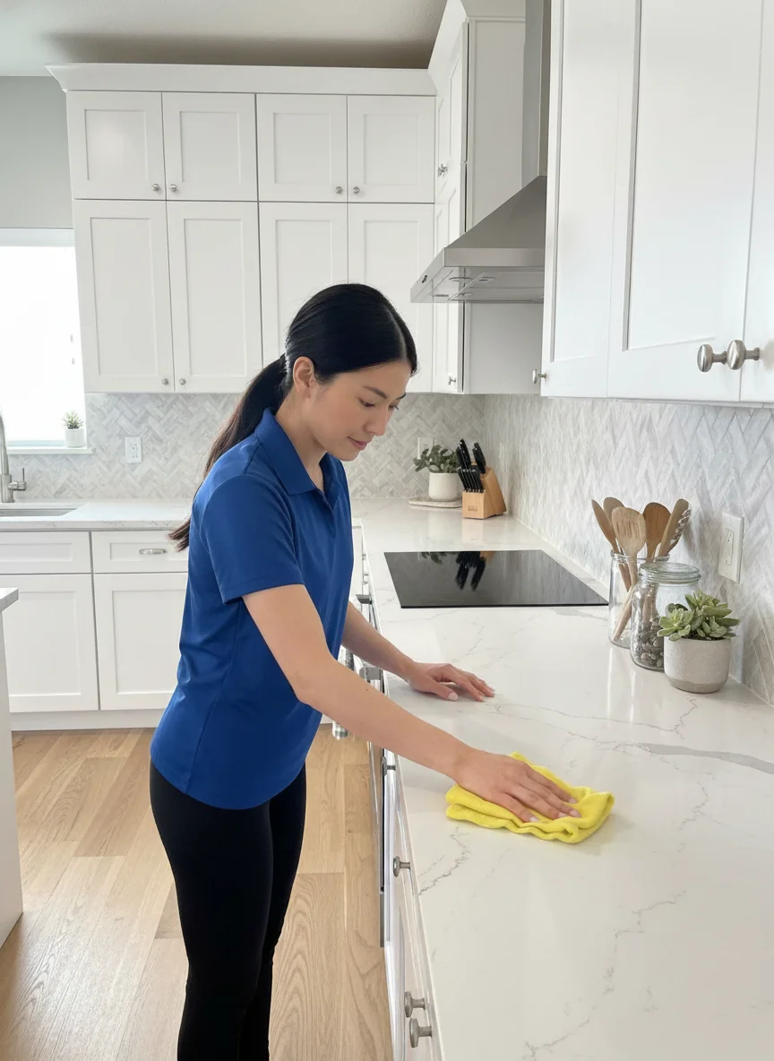 Deep Care professional house cleaner in a blue polo and black leggings wiping a white marble quartz kitchen countertop with a yellow microfiber cloth in a bright modern Fargo home with white shaker cabinets, a marble herringbone backsplash, stainless range hood, and hardwood floors during a residential house cleaning service